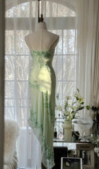Light Green Simple Bodycon Dress One Shoulder Chiffon Applique Beaded Prom Dress ED01685