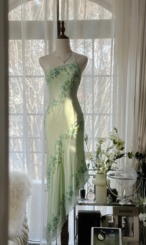 Light Green Simple Bodycon Dress One Shoulder Chiffon Applique Beaded Prom Dress ED01685