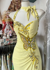 Temperament Yellow Mermaid Halter Neck Sequin Diamond Long Prom Dress Birthday Dress ED01686