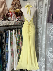 Temperament Yellow Mermaid Halter Neck Sequin Diamond Long Prom Dress Birthday Dress ED01686