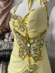 Temperament Yellow Mermaid Halter Neck Sequin Diamond Long Prom Dress Birthday Dress ED01686