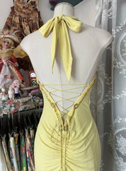 Temperament Yellow Mermaid Halter Neck Sequin Diamond Long Prom Dress Birthday Dress ED01686