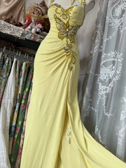 Temperament Yellow Mermaid Halter Neck Sequin Diamond Long Prom Dress Birthday Dress ED01686