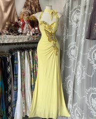 Temperament Yellow Mermaid Halter Neck Sequin Diamond Long Prom Dress Birthday Dress ED01686