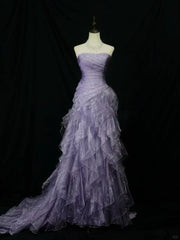 Elegant Purple Mermaid Strapless Tulle Layered Long Prom Dress Formal Evening Dress ED01687