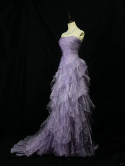 Elegant Purple Mermaid Strapless Tulle Layered Long Prom Dress Formal Evening Dress ED01687