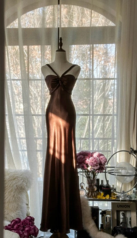 Vintage Chocolate Mermaid Sweetheart Neck Satin Long Prom Dress Elegant Evening Gown ED01688