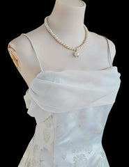 Gentle Blue A-Line Spaghetti Strap Satin Chiffon Long Prom Dress Birthday Dress Graduation Prom Dress ED01689