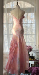 💕Fairytale Pink Mermaid Gown for Prom&Party-Vintage Spaghetti Strap Chiffon Beaded Long Evening Dress ED01690