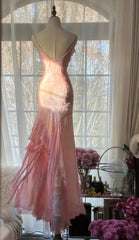 💕Fairytale Pink Mermaid Gown for Prom&Party-Vintage Spaghetti Strap Chiffon Beaded Long Evening Dress ED01690