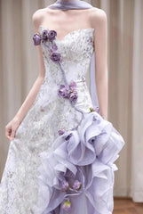 Elegant Purple Mermaid Strapless Satin Tulle Long Prom Dress Applique Evening Gown ED01693