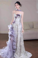 Elegant Purple Mermaid Strapless Satin Tulle Long Prom Dress Applique Evening Gown ED01693