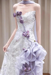 Elegant Purple Mermaid Strapless Satin Tulle Long Prom Dress Applique Evening Gown ED01693