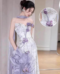 Elegant Purple Mermaid Strapless Satin Tulle Long Prom Dress Applique Evening Gown ED01693