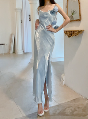 Gentle Blue Bodycon Dress Spaghetti Strap Chiffon Long Prom Dress Graduation Prom Dress ED01694