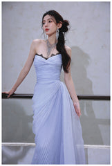 Purple A-Line Strapless Chiffon Pleated Long Prom Dress Chic Lace Graduation Prom Dress ED01695