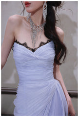 Purple A-Line Strapless Chiffon Pleated Long Prom Dress Chic Lace Graduation Prom Dress ED01695