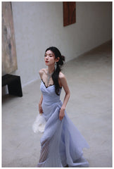Purple A-Line Strapless Chiffon Pleated Long Prom Dress Chic Lace Graduation Prom Dress ED01695