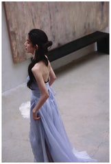 Purple A-Line Strapless Chiffon Pleated Long Prom Dress Chic Lace Graduation Prom Dress ED01695
