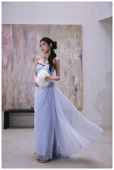 Purple A-Line Strapless Chiffon Pleated Long Prom Dress Chic Lace Graduation Prom Dress ED01695