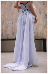 Purple A-Line Strapless Chiffon Pleated Long Prom Dress Chic Lace Graduation Prom Dress ED01695