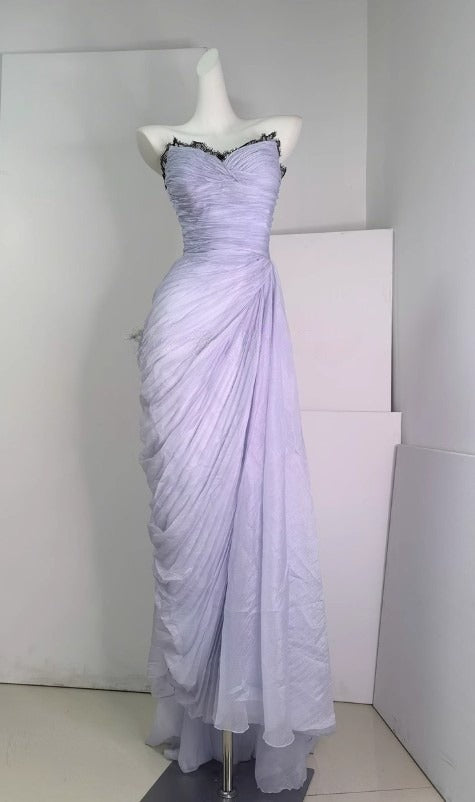 Purple A-Line Strapless Chiffon Pleated Long Prom Dress Chic Lace Graduation Prom Dress ED01695