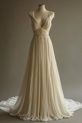 Off-White A-Line V-neck Chiffon Beaded Long Prom Dress Simple Wedding Dress Bridesmaid Dress ED01696