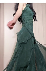 Vintage Green A-Line Spaghetti Strap Chiffon Long Prom Dress V-Neck Layered Evening Gown ED01698
