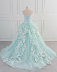 Light Blue A-Line Strapless Tulle Lace Long Prom Dress Vintage Wedding Dress ED01700