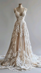 Champagne Vintage A-Line Spaghetti Strap Lace Tulle Long Prom Dress Wedding Dress ED01702