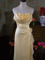 Yellow Simple Bodycon Dress Spaghetti Strap Chiffon Long Prom Dress Applique Graduation Prom Dress ED01703