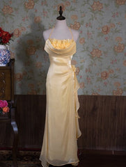 Yellow Simple Bodycon Dress Spaghetti Strap Chiffon Long Prom Dress Applique Graduation Prom Dress ED01703