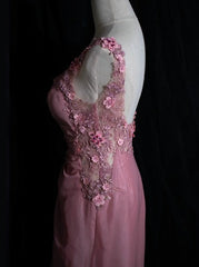 Gray Pink Retro Mermaid V-neck Chiffon Beaded Long Prom Dress Sweet Applique Birthday Dress ED01705