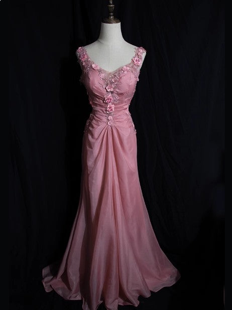 Gray Pink Retro Mermaid V-neck Chiffon Beaded Long Prom Dress Sweet Applique Birthday Dress ED01705