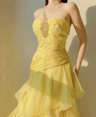 Yellow A-Line One Shoulder Chiffon Long Prom Dress Sweet Layered Birthday Dress ED01706
