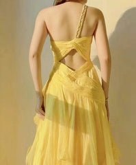Yellow A-Line One Shoulder Chiffon Long Prom Dress Sweet Layered Birthday Dress ED01706