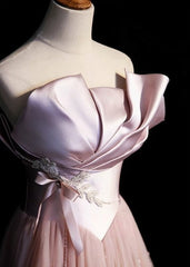 Pink A-Line Strapless Satin Tulle Long Prom Dress Graduation Prom Birthday Dress ED01708