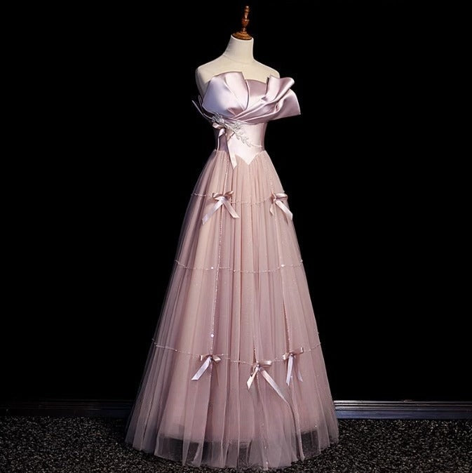 Pink A-Line Strapless Satin Tulle Long Prom Dress Graduation Prom Birthday Dress ED01708