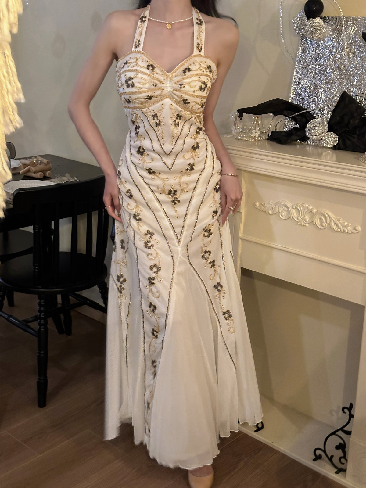 Mermaid Halter Neck Tulle Beading Vintage Long Prom Dress Birthday Dress ED01710