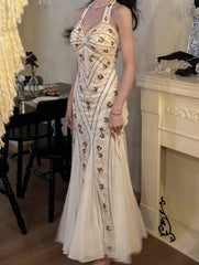 Mermaid Halter Neck Tulle Beading Vintage Long Prom Dress Birthday Dress ED01710