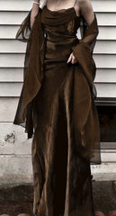 💚Vintage Dark Green Prom Dress Spaghetti Strap Chiffon Evening Gown with Shawl ED01713