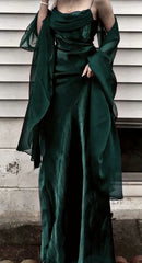 💚Vintage Dark Green Prom Dress Spaghetti Strap Chiffon Evening Gown with Shawl ED01713