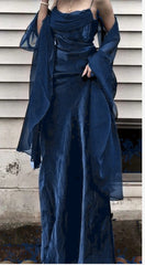 💚Vintage Dark Green Prom Dress Spaghetti Strap Chiffon Evening Gown with Shawl ED01713