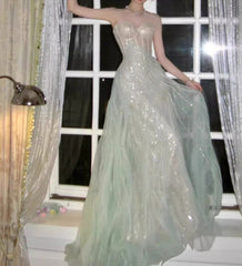 Gentle A-Line Sequined Tulle Strapless Long Prom Dress Adult Ceremony Prom Dress ED01716