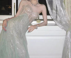 Gentle A-Line Sequined Tulle Strapless Long Prom Dress Adult Ceremony Prom Dress ED01716