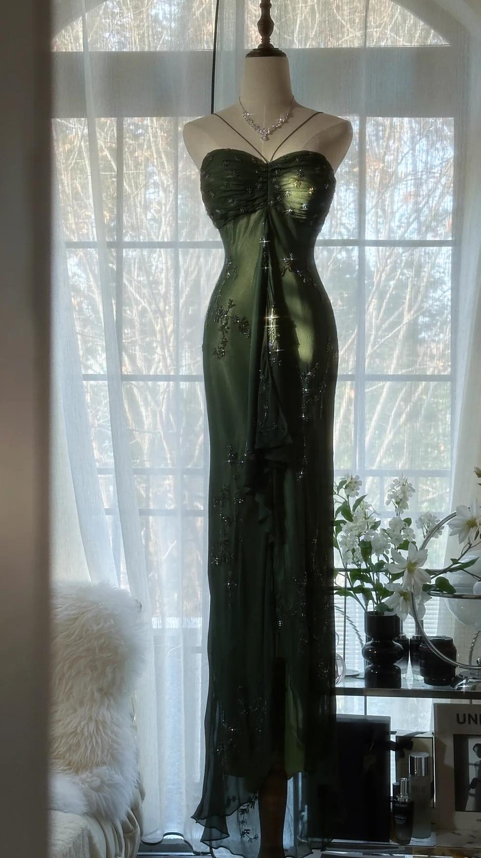 Vintage💚 Forest Green Prom Dress for Party&Quinceanera-Elegant Spaghetti Straps Glitter Beaded Evening Gown ED01717