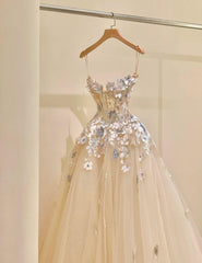 Simple Champagne A-Line Spaghetti Straps Tulle Applique Long Prom Dress Sweet Wedding Dress ED01718