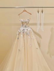 Simple Champagne A-Line Spaghetti Straps Tulle Applique Long Prom Dress Sweet Wedding Dress ED01718