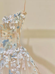 Simple Champagne A-Line Spaghetti Straps Tulle Applique Long Prom Dress Sweet Wedding Dress ED01718