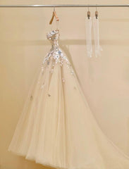 Simple Champagne A-Line Spaghetti Straps Tulle Applique Long Prom Dress Sweet Wedding Dress ED01718